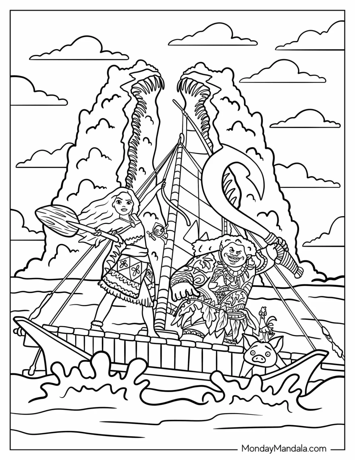 Moana Coloring Page Of Maui, Heihei, And Pua On The Sea coloring page