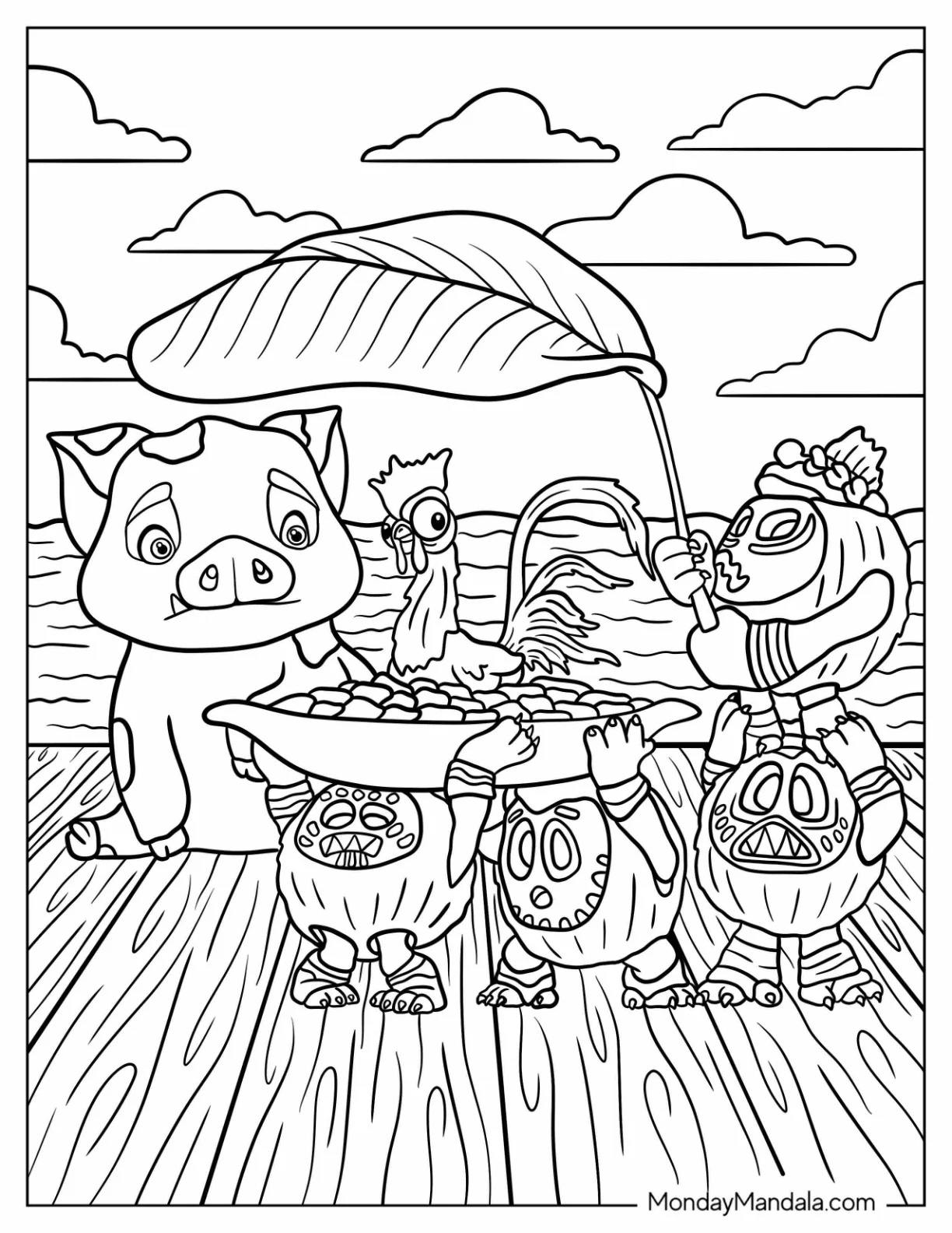 Moana Coloring Page Of Pua Watching The Kakamora Carry Heihei coloring page