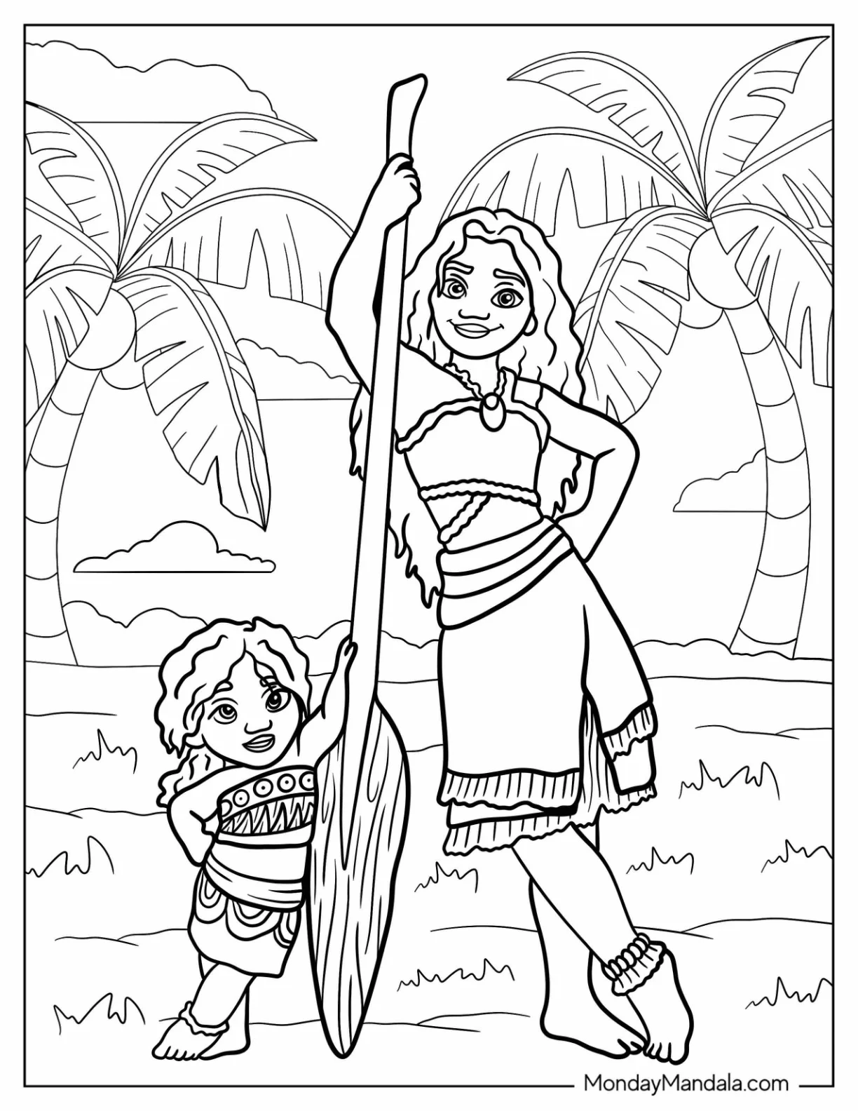 Moana Coloring Page Of Simea Leaning On An Oar For Kids coloring page