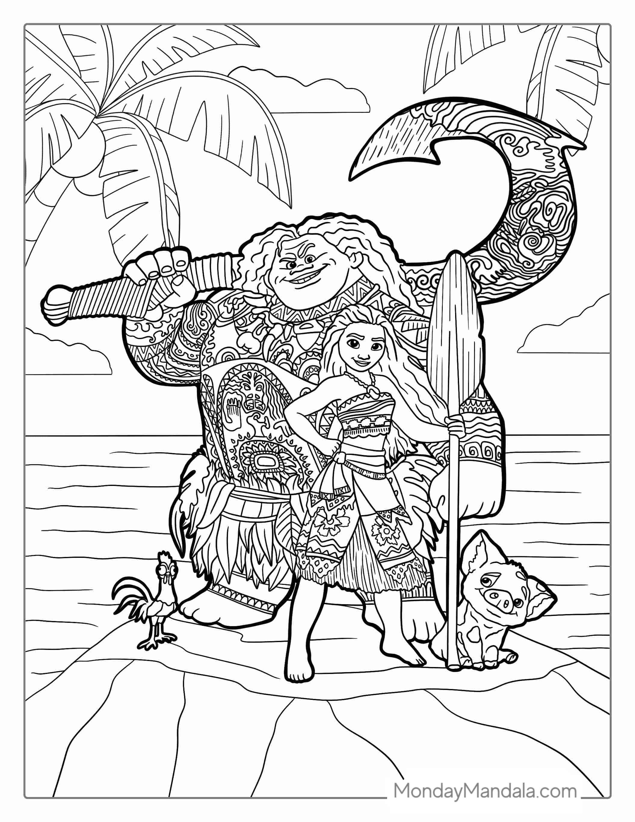 Pau, Hei Hei. Moana. And Maui To Color coloring page