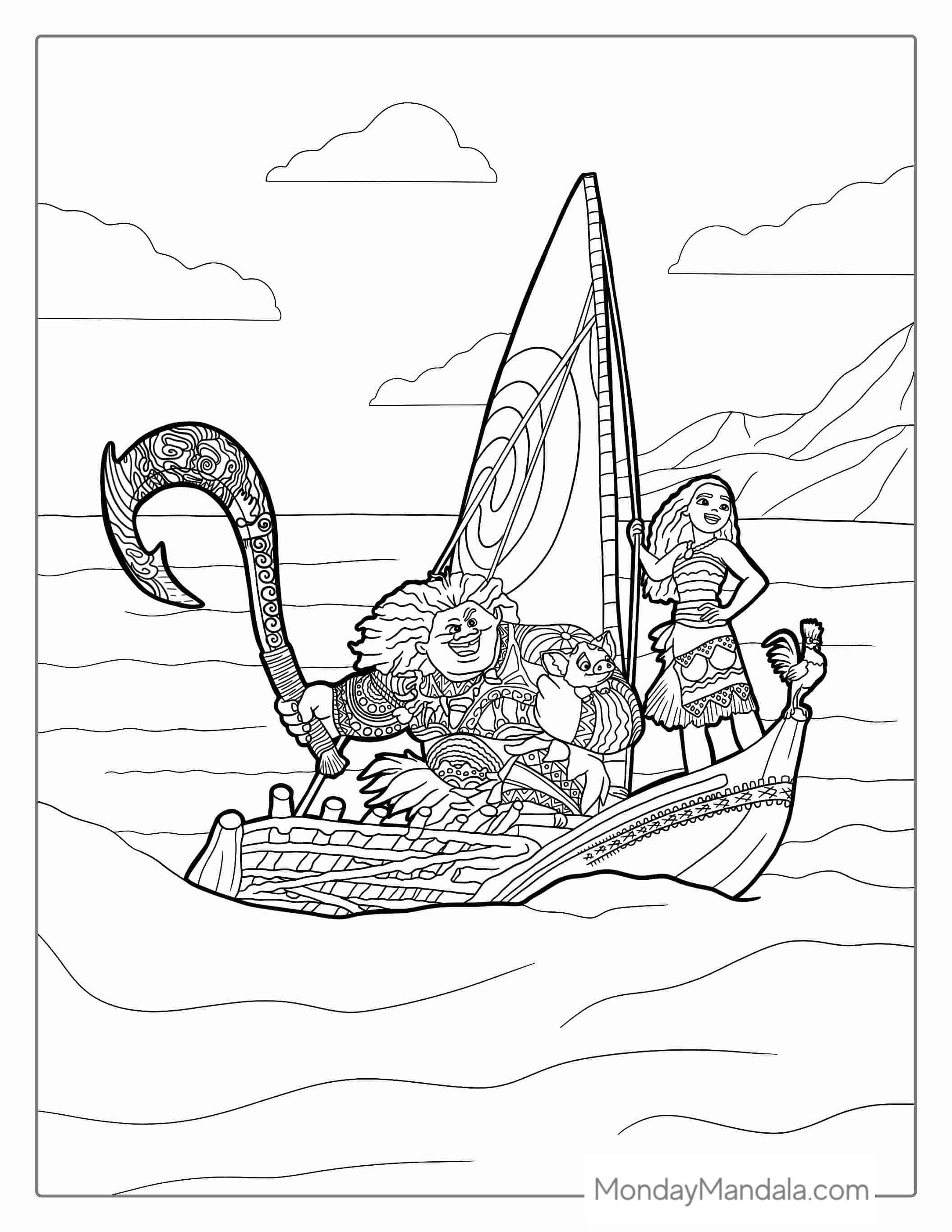 Princess Moana And Maui On a Boat coloring page — printable line art