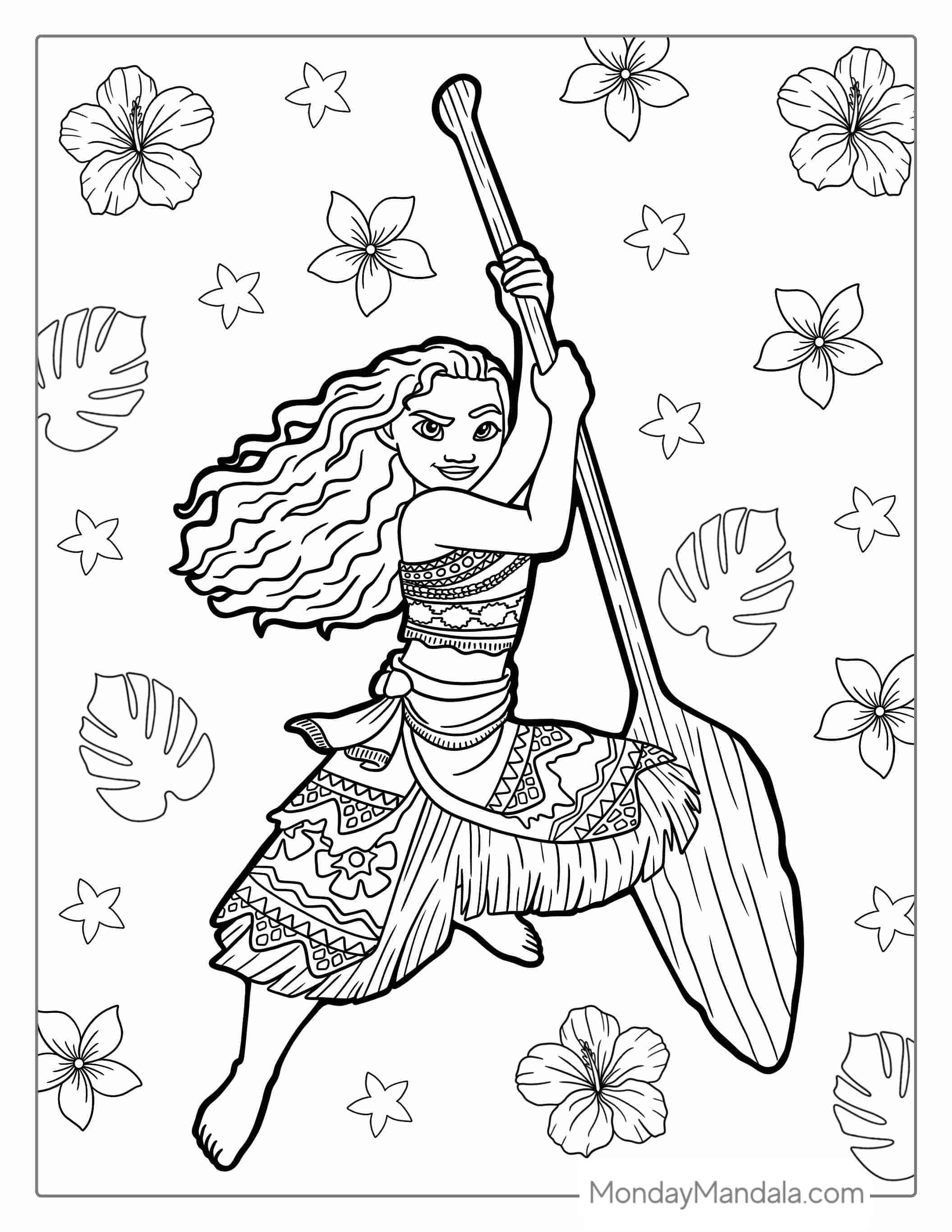 Princess Moana With Flowers coloring page — printable line art