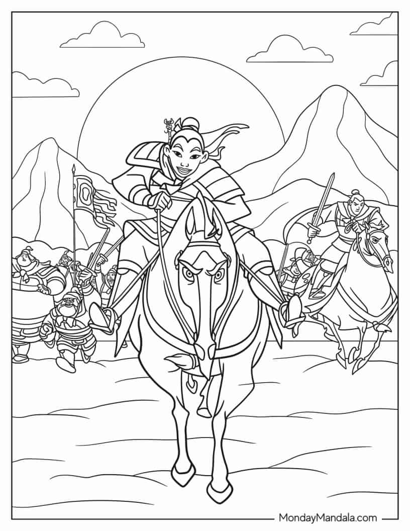Coloring Page Of Mulan Leading Troop To War coloring page — printable line art