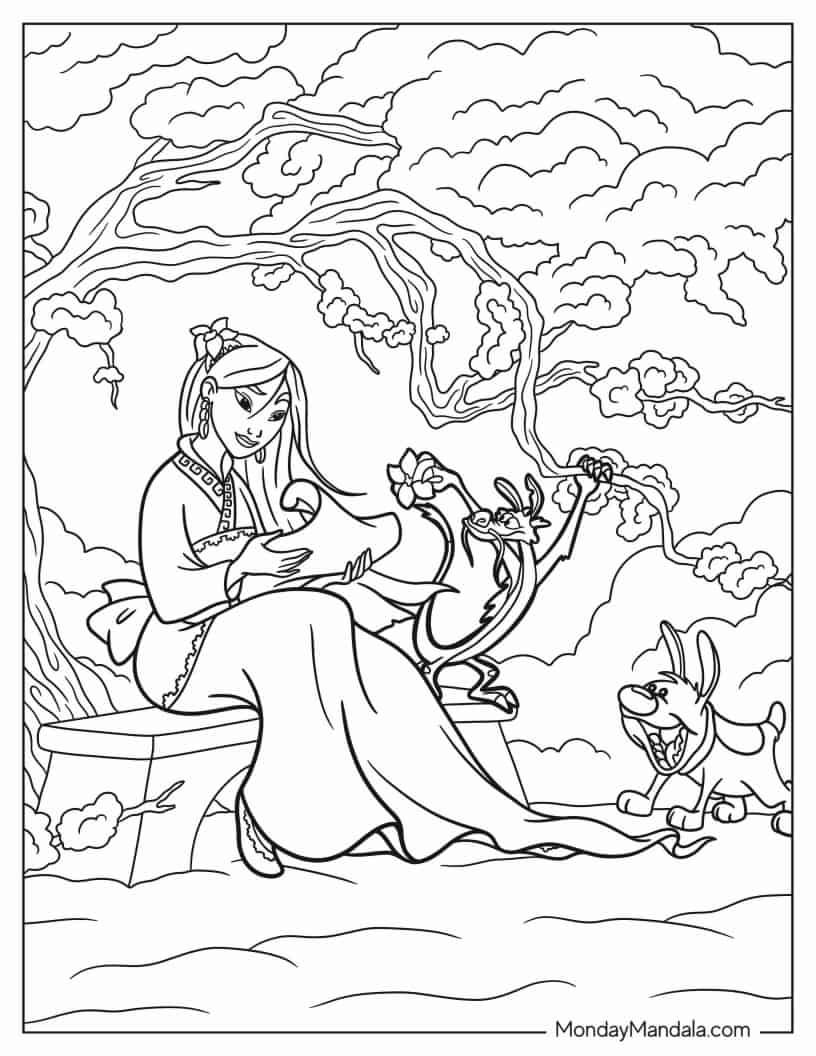 Detailed Coloring Page Of Mulan With Mushu And Little Brother coloring page
