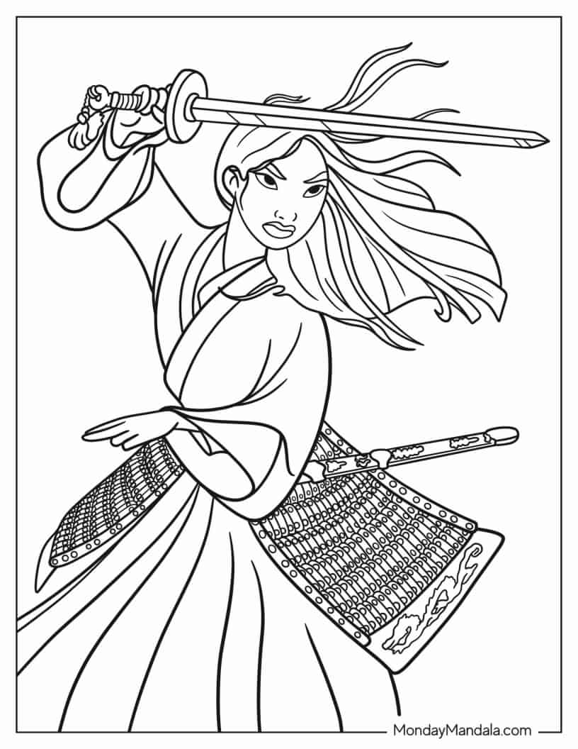 Easy Coloring Page Of Mulan With Sword coloring page