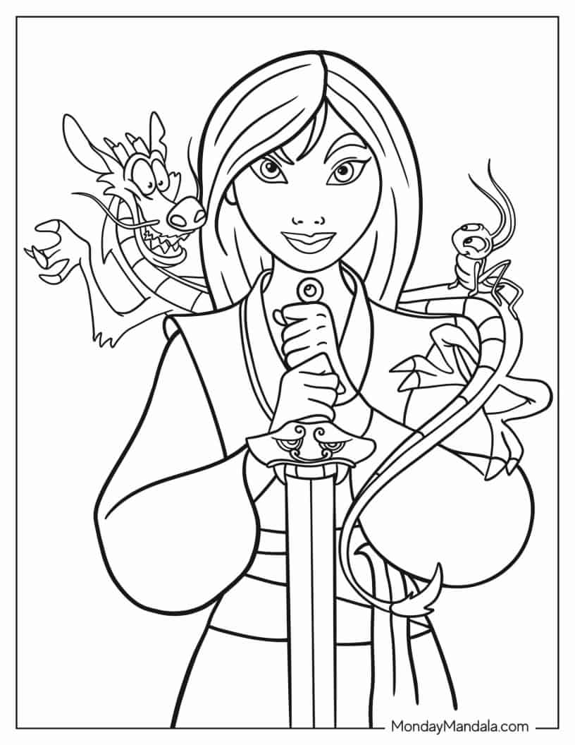 Easy Outline Of Mulan With Mushi And Cri-Kee coloring page
