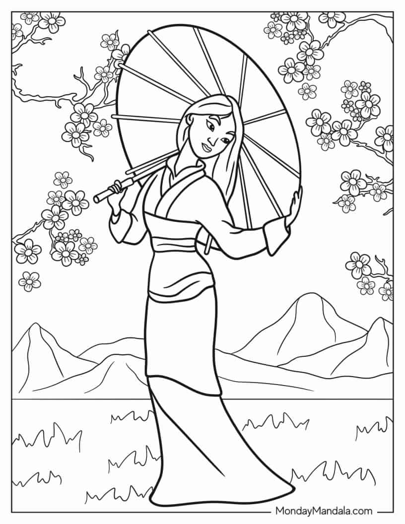 Kawaii Coloring Sheet Of Mulan In Garden coloring page