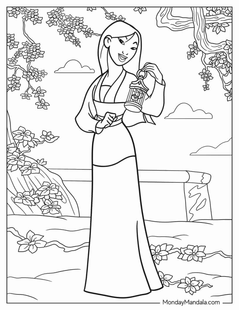 Mulan Holding Cri-Kee In Cage coloring page