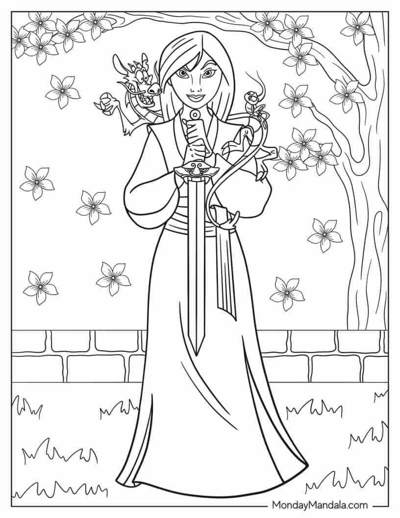 Mulan Holding Her Father_s Sword To Color coloring page