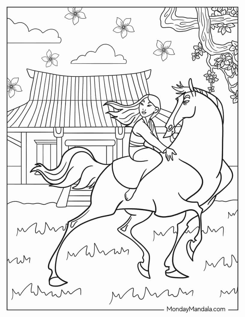 Mulan Running Away From Home With Khan Khan coloring page