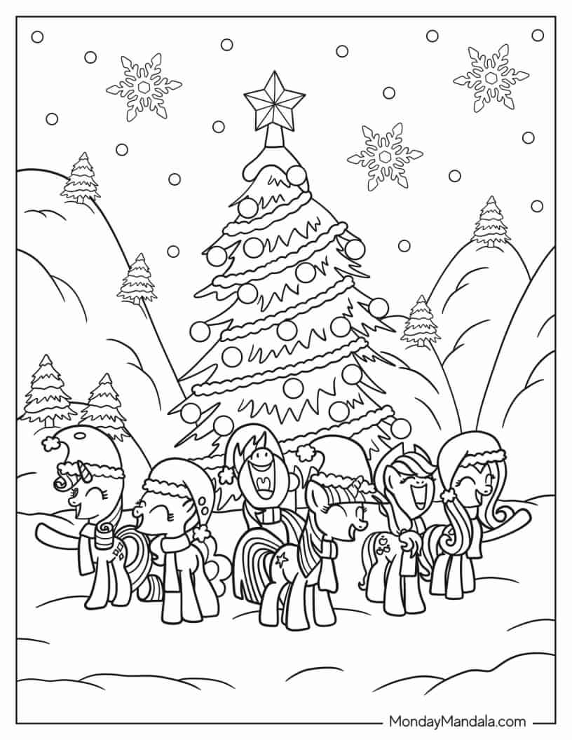 Coloring Page of My Little Pony In Front Of Christmas Tree coloring page
