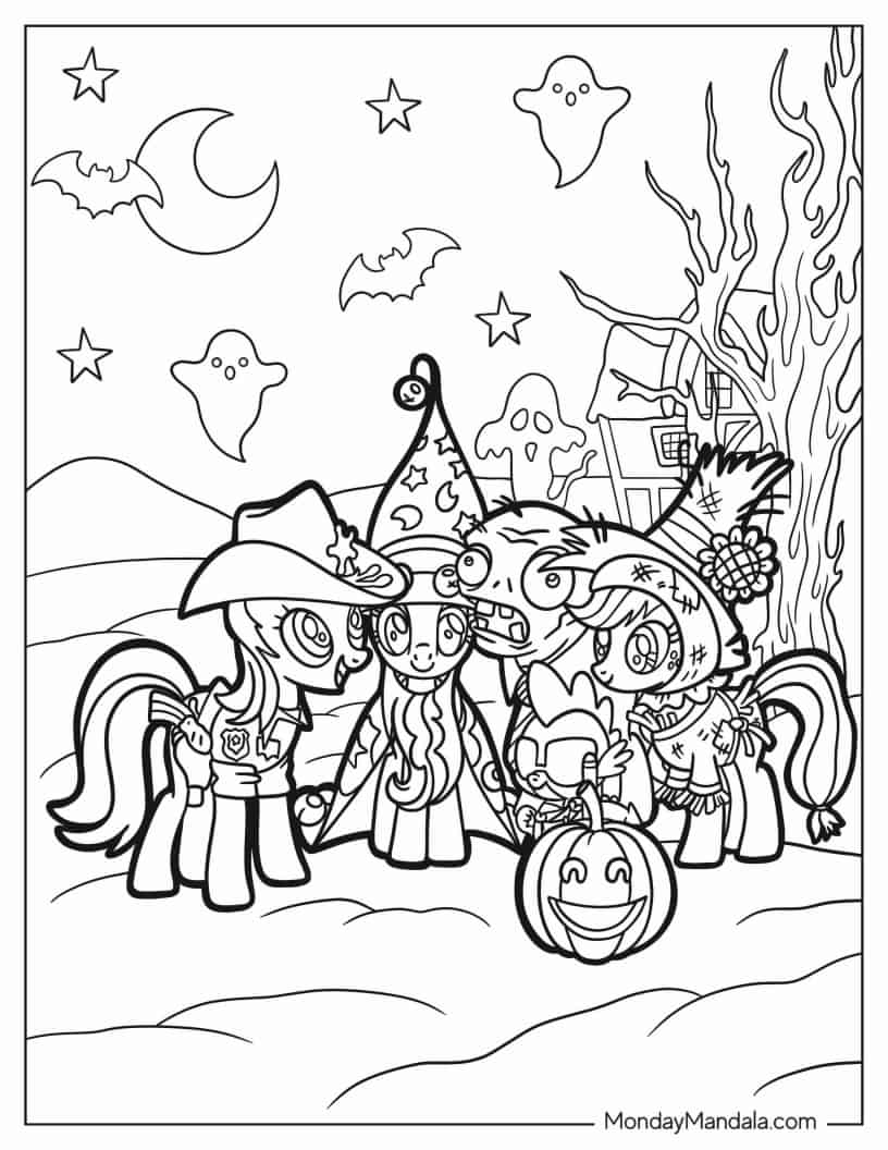 Coloring Sheet of Halloween My Little Pony with Ghosts and Jack-O-Lanterns coloring page