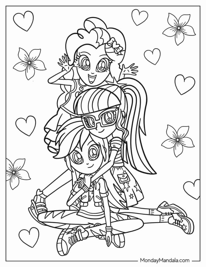 Equestria Girls Pinkie Pie, Twilight Sparkle, and Rainbow Dash coloring page