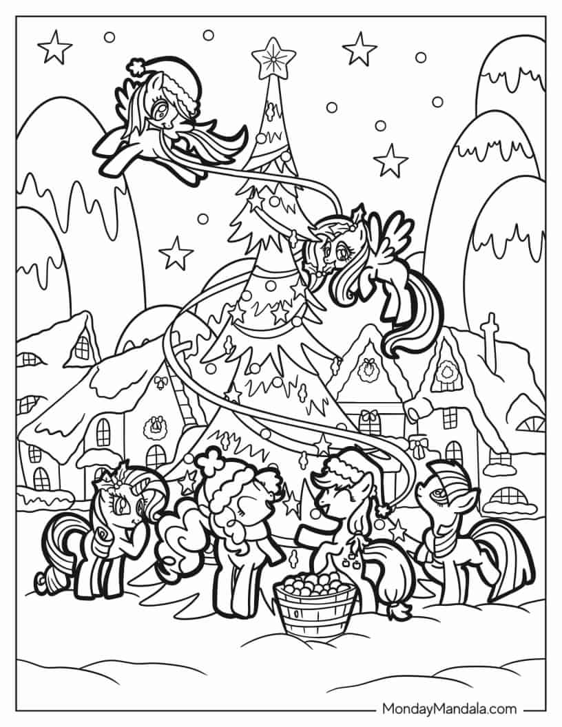 My Little Pony Decorating Christmas Tree To Color coloring page