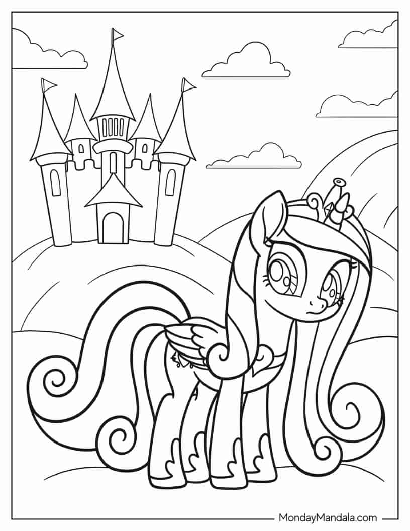 Simple Outline Of Princess Celestia and Castle coloring page