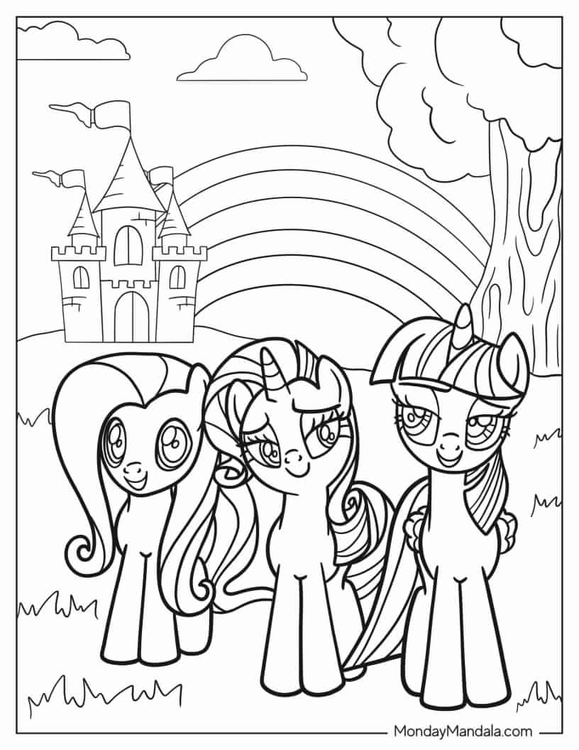 Smiling Fluttershy, Rarity, and Twilight Sparkle in Field coloring page
