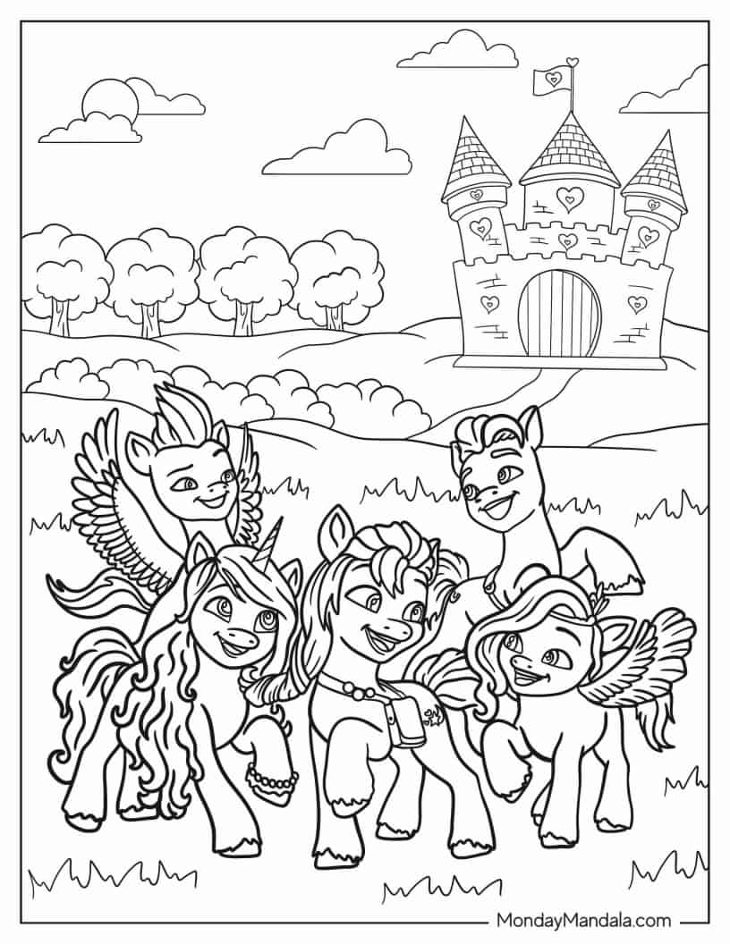 Sunny Starscout and My Little Pony Friends with Castle coloring page