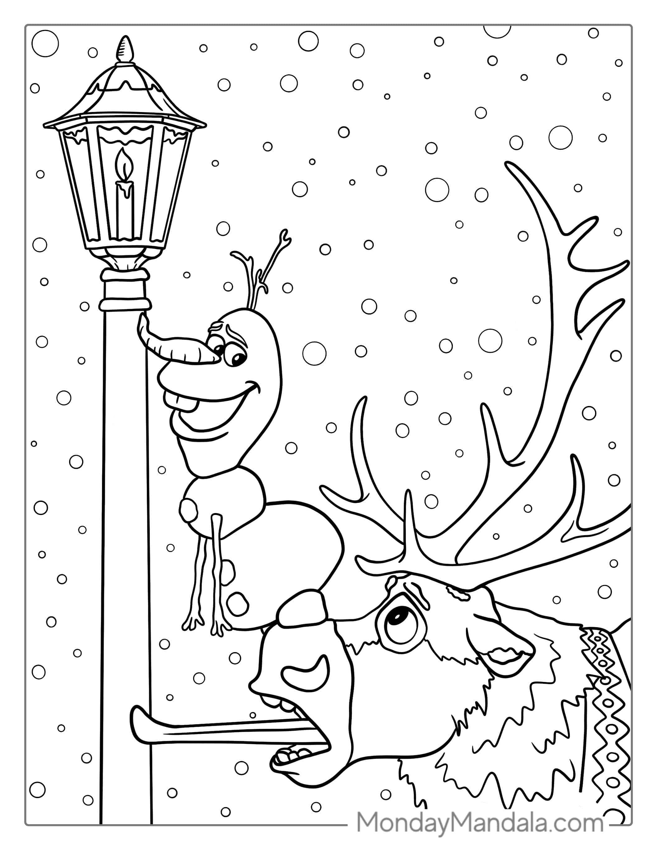 Olaf And Sven With Stuck Tongues On Lamp coloring page — printable line art