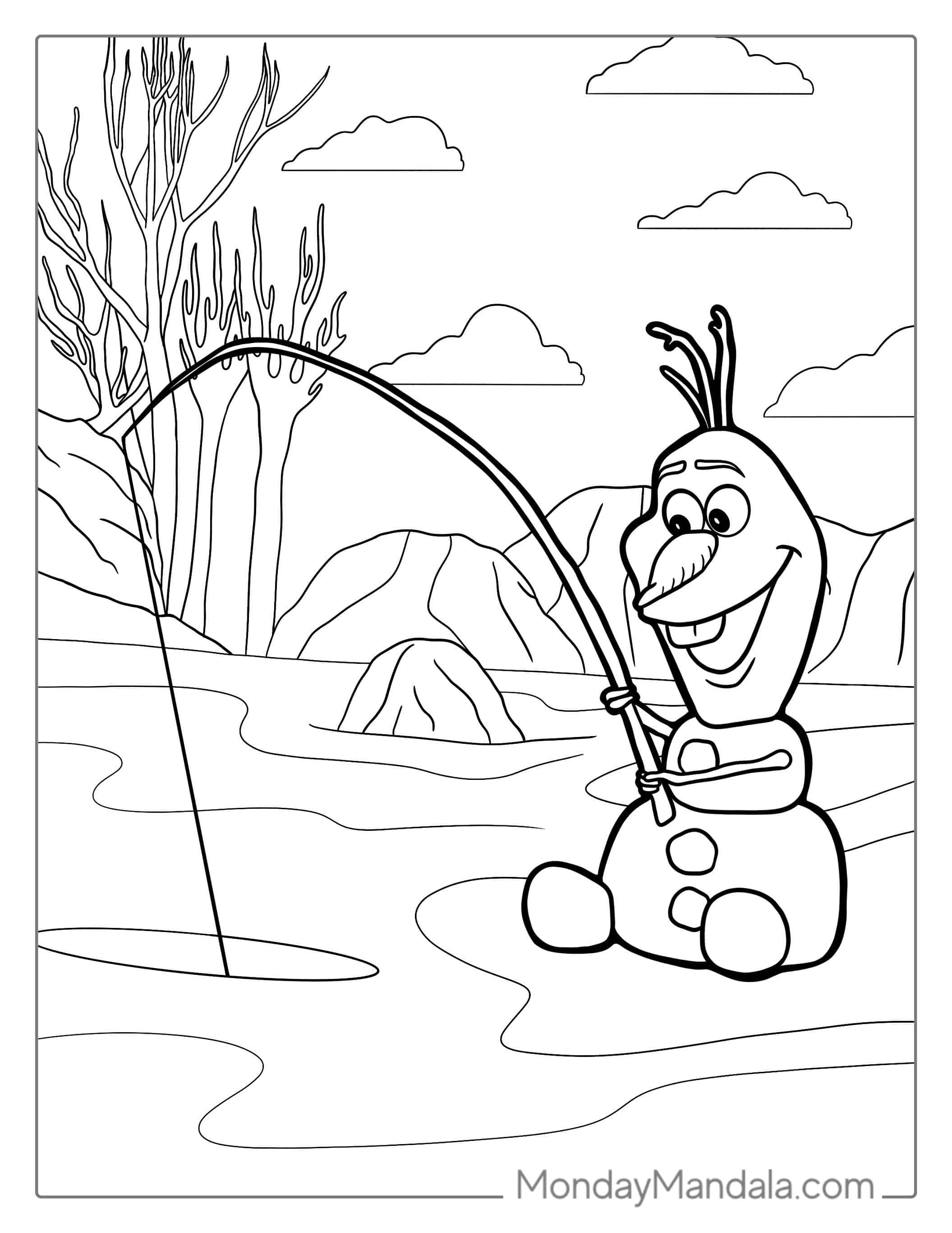 Olaf Fishing On Ice Lake To Color coloring page — printable line art