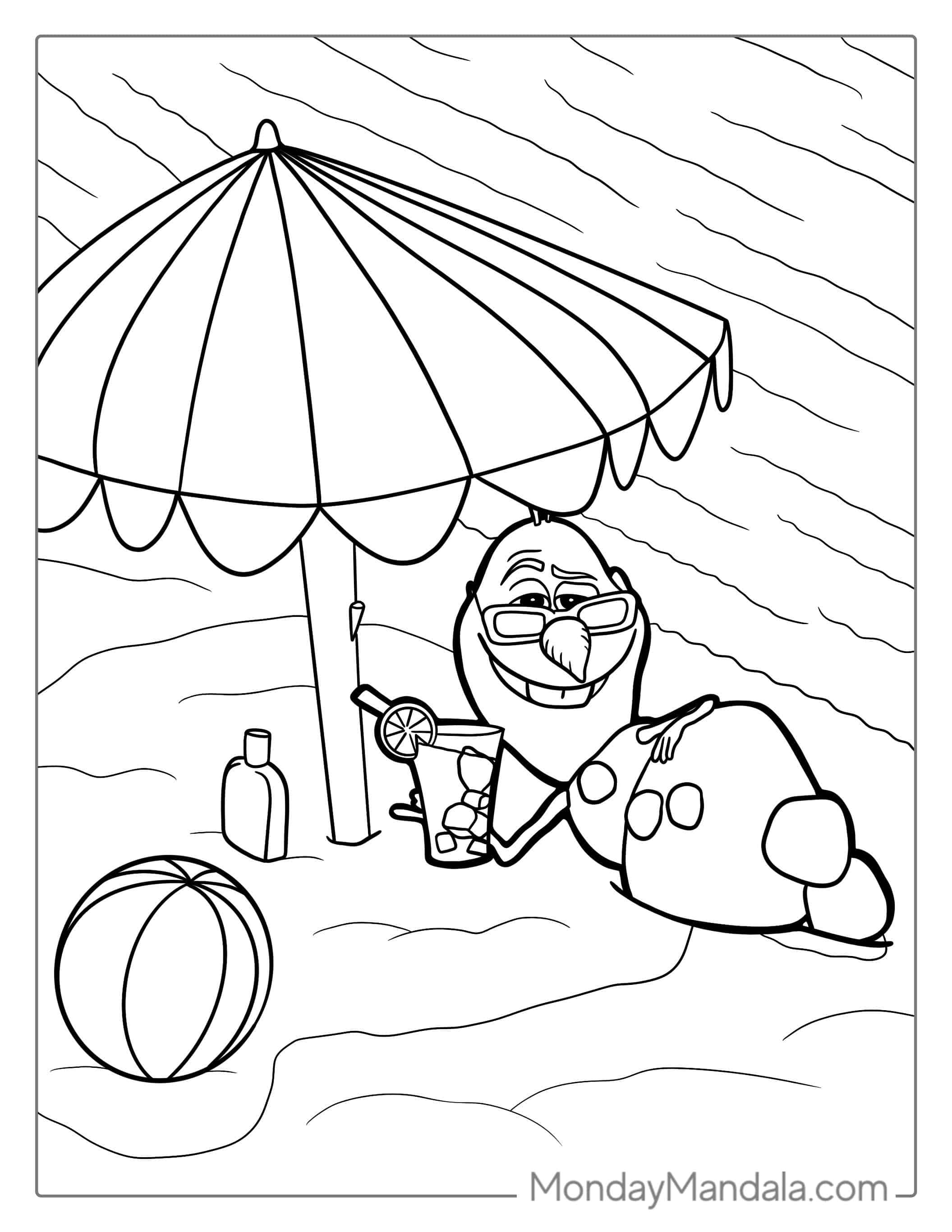 Olaf Laying On The Beach During Summer To Color coloring page — printable line art