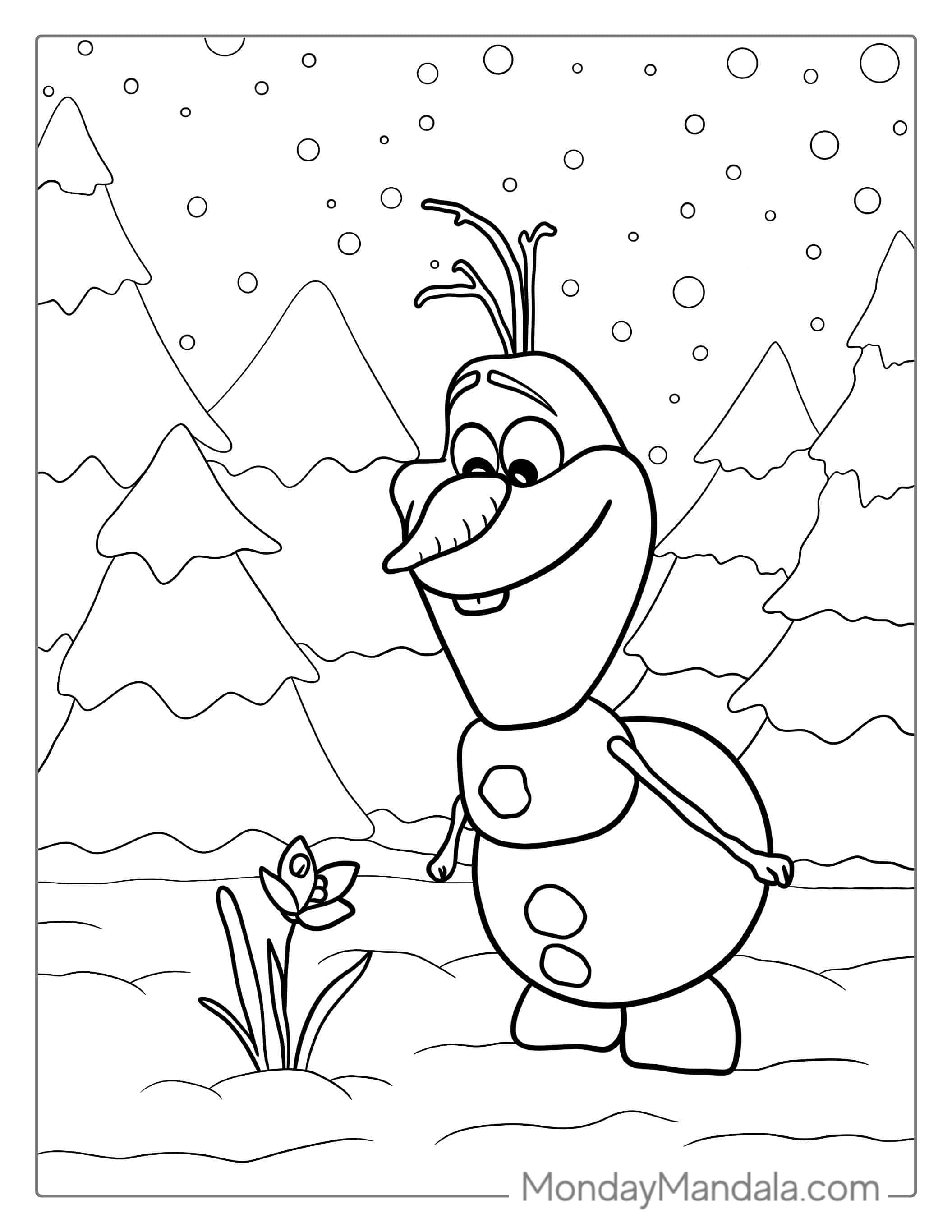 Olaf Looking At a Flower coloring page — printable line art