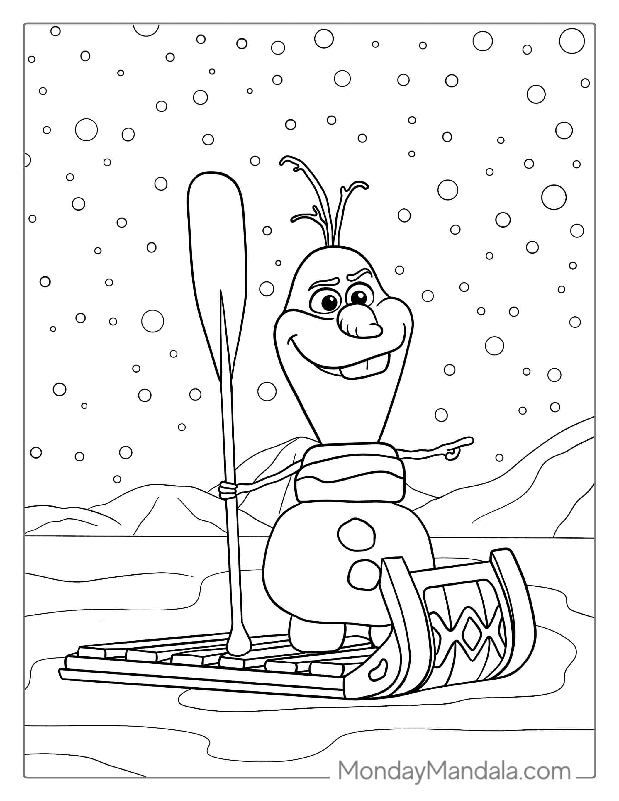 Olaf Riding A Slead In Snow To Color coloring page — printable line art