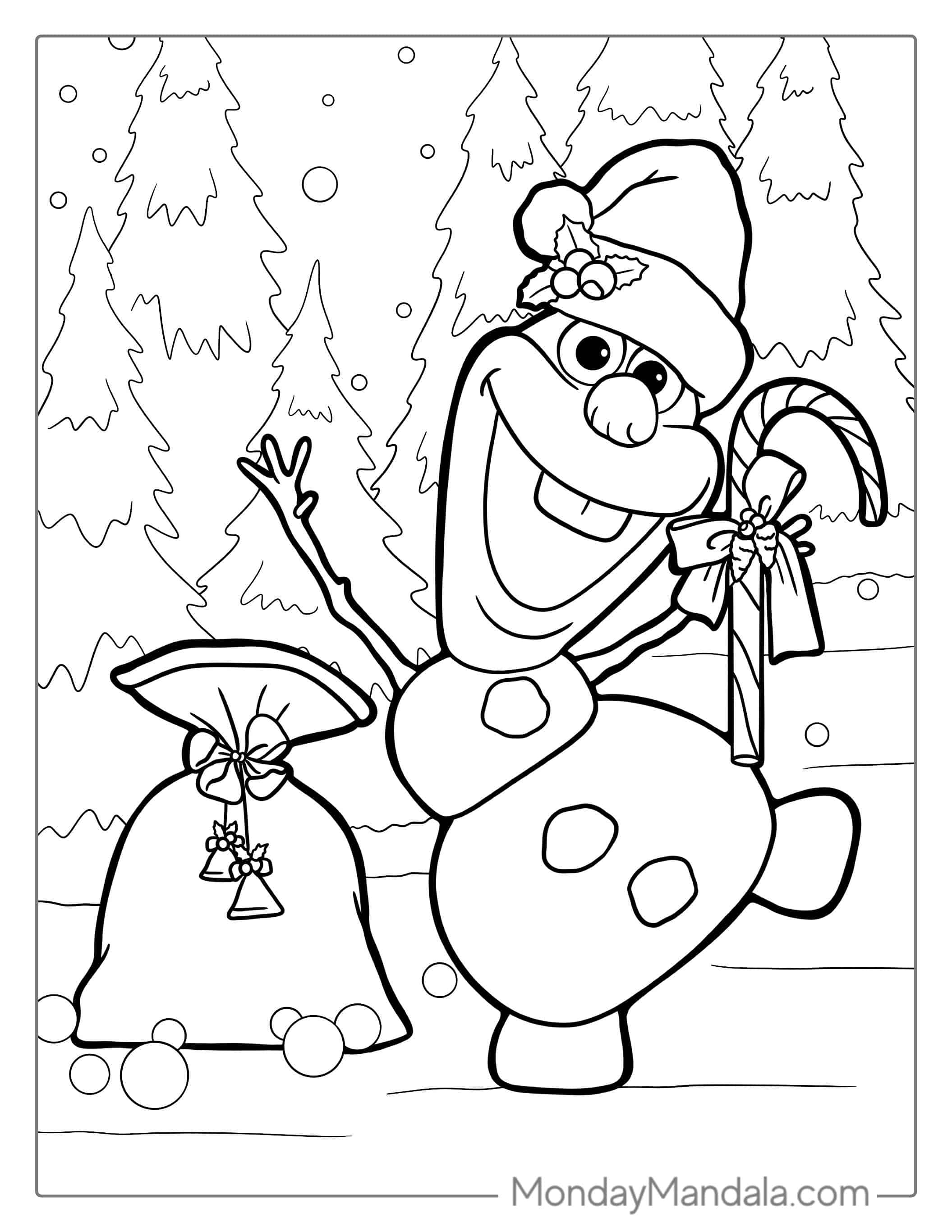 Olaf Wearing Santa Hat With Candy Cane To Color coloring page