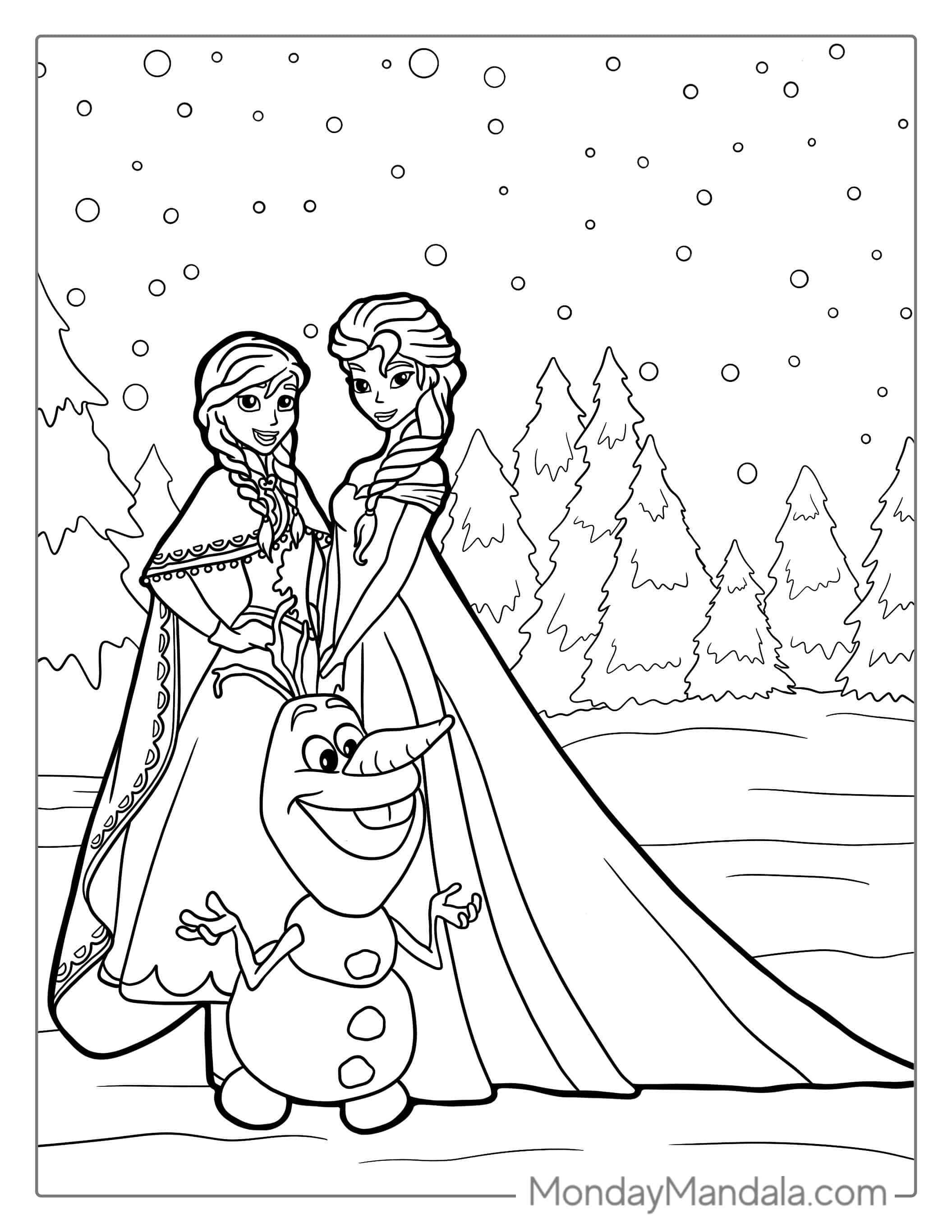 Olaf With Anna And Elsa To Color coloring page — printable line art