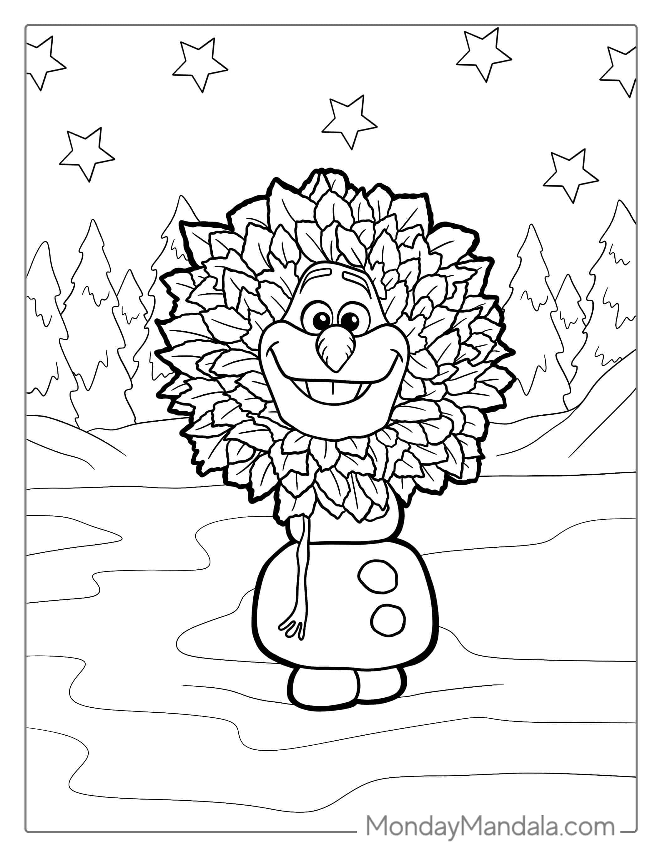 Olaf With Leaves Around His Head To Color coloring page — printable line art