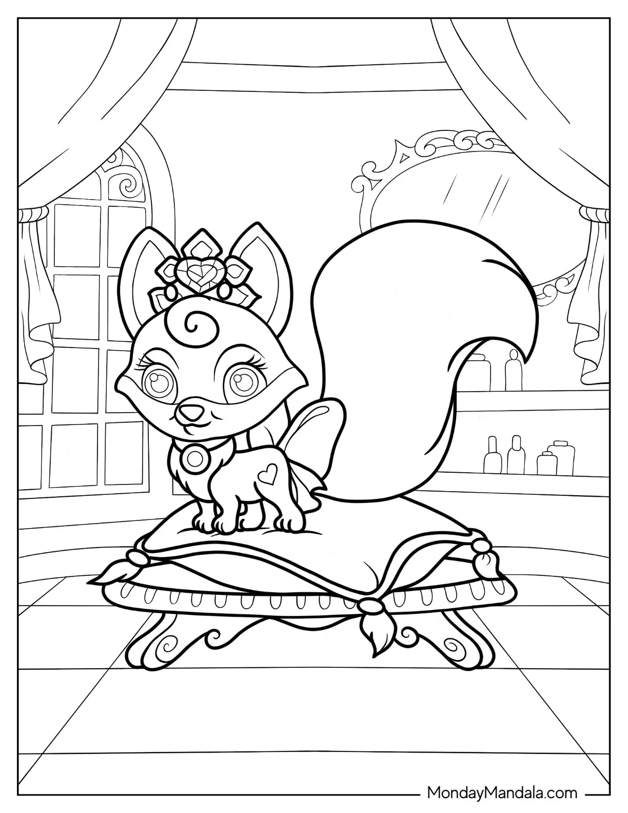 Palace Pets Coloring Page Of Adorable Nuzzles With Crown Standing On Cushion coloring page