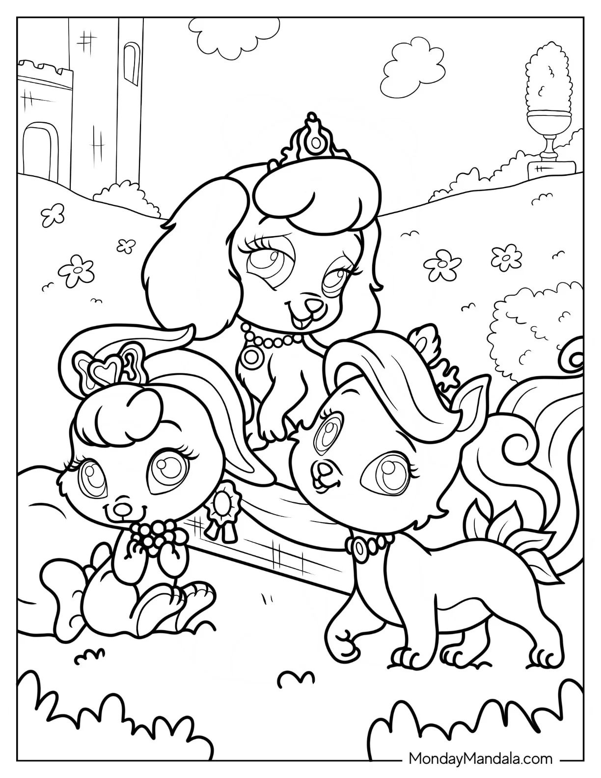 Palace Pets Coloring Page Of Cute Pumpkin, Treasure, And Berry For Kids coloring page — printable line art