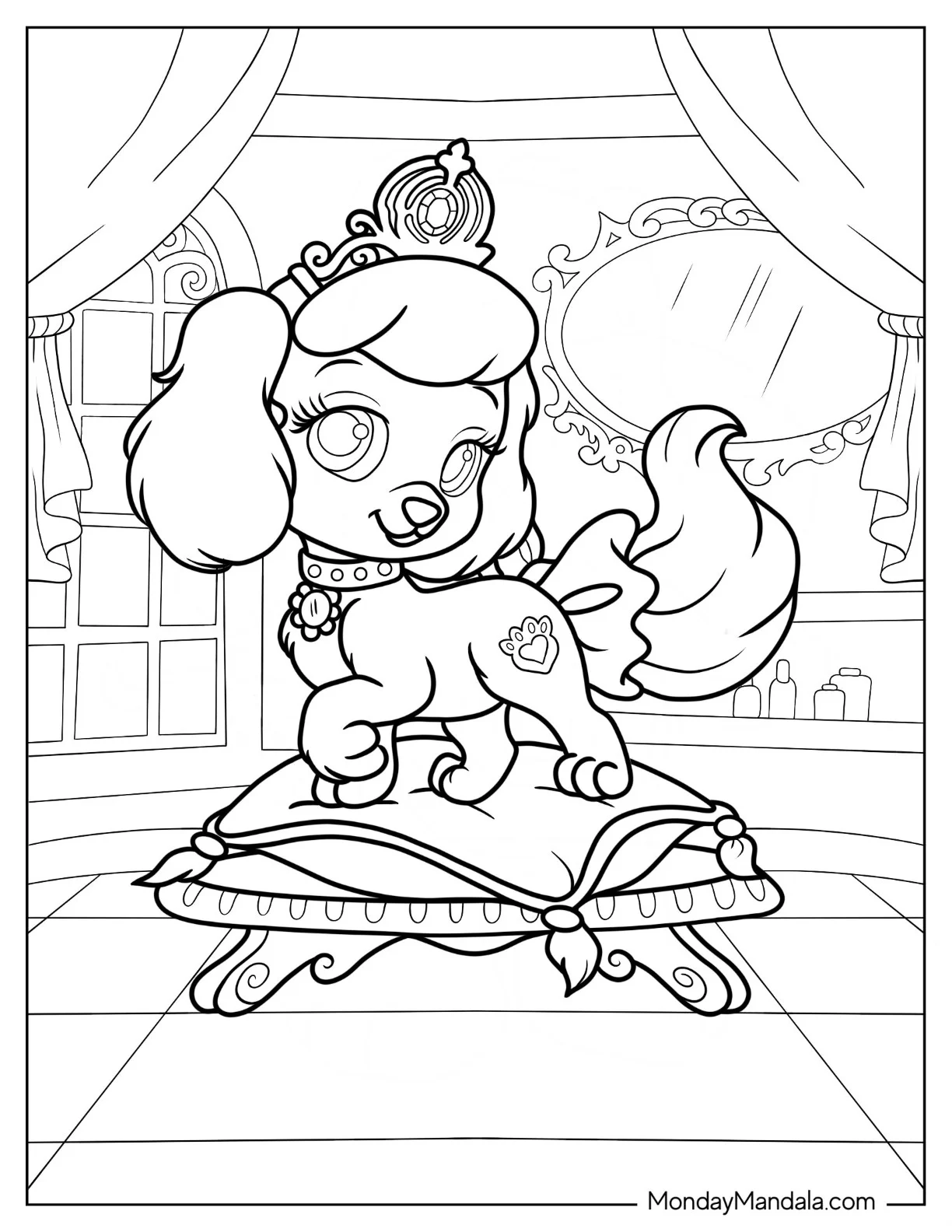 Palace Pets Coloring Page Of Pumpkin With Crown Standing On Cushion coloring page