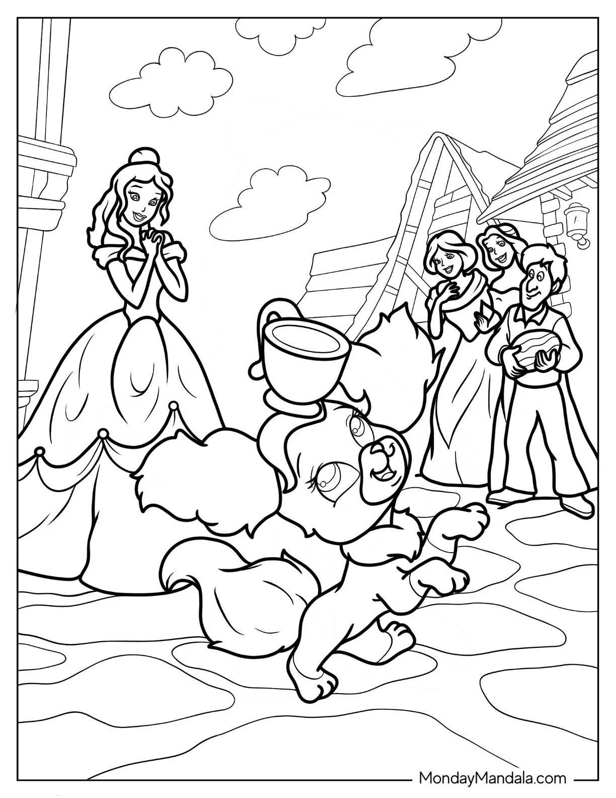 Palace Pets Coloring Page Of Teacup Performing Tricks For Belle And The Villagers coloring page