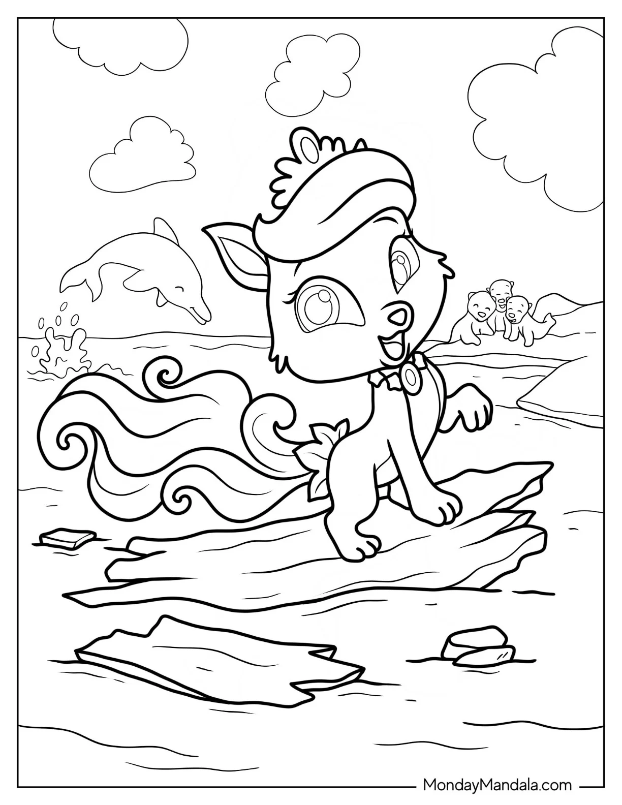 Palace Pets Coloring Page Of Treasure At The Beach With Dolphin And Seals For Kids coloring page