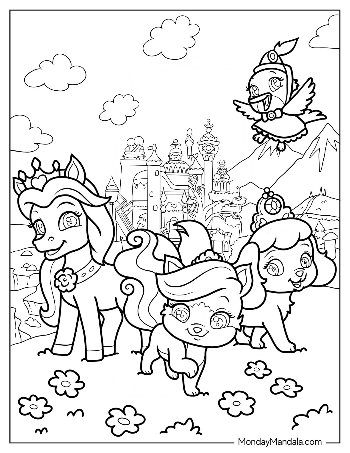Palace Pets Coloring Page Of Treasure, Petite, Pumpkin And Ms. Featherbon In Front Of Castle coloring page — printable line art