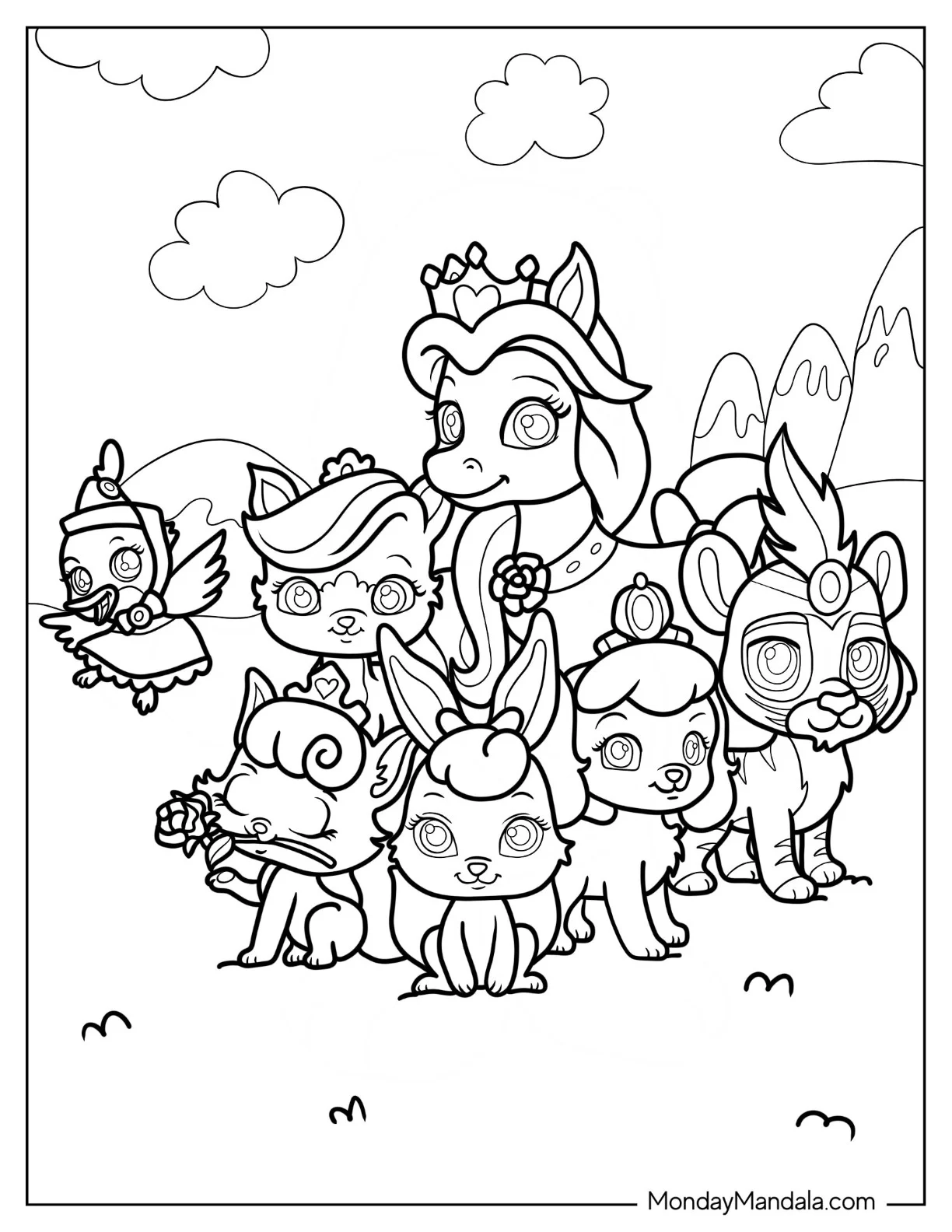 Palace Pets Coloring Page Of Whisker Haven Berry, Petite, Ms. Featherbon, Treasure, Dreamy, Pumpkin, And Sultan coloring page