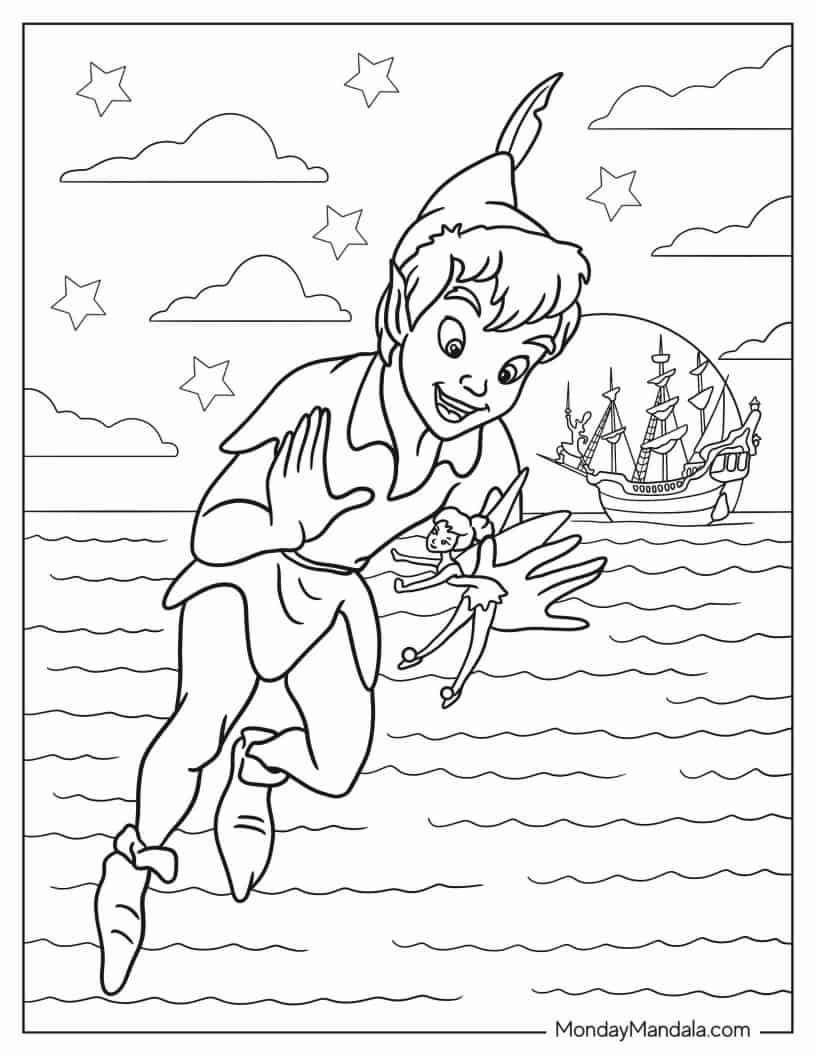 Coloring Sheet Of Peter Pan Flying With Tinker Bell coloring page