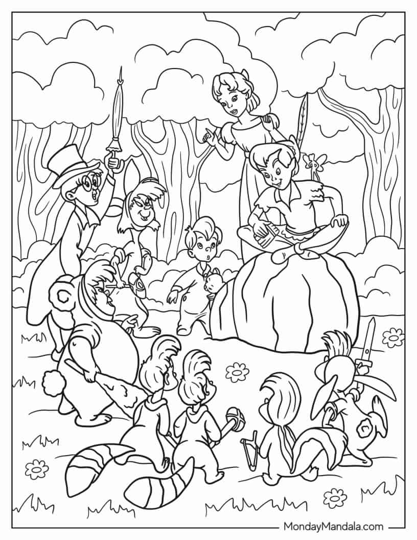 Darling Siblings With Peter Pan And Lost Boys coloring page