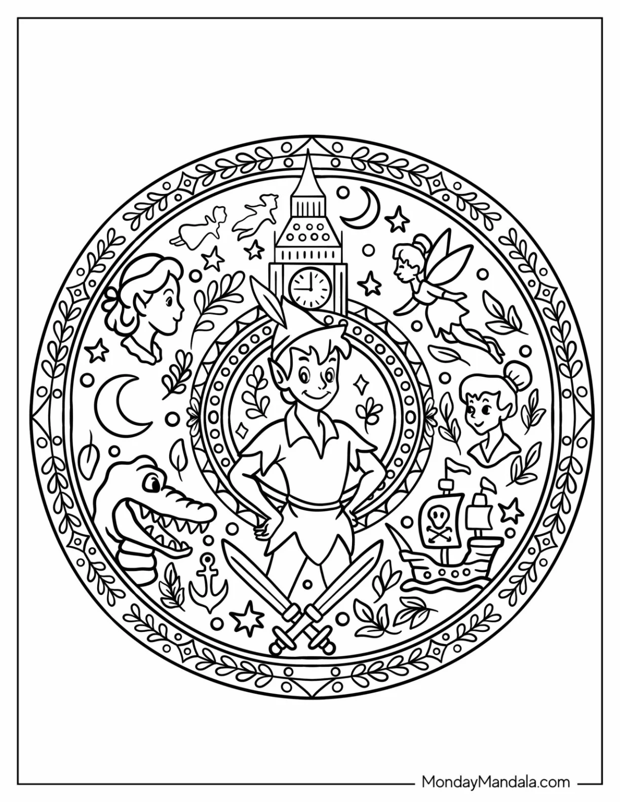 Detailed Peter Pan Coloring Page Mandala with Pirate Ship, Clock Tower, and Crocodile coloring page