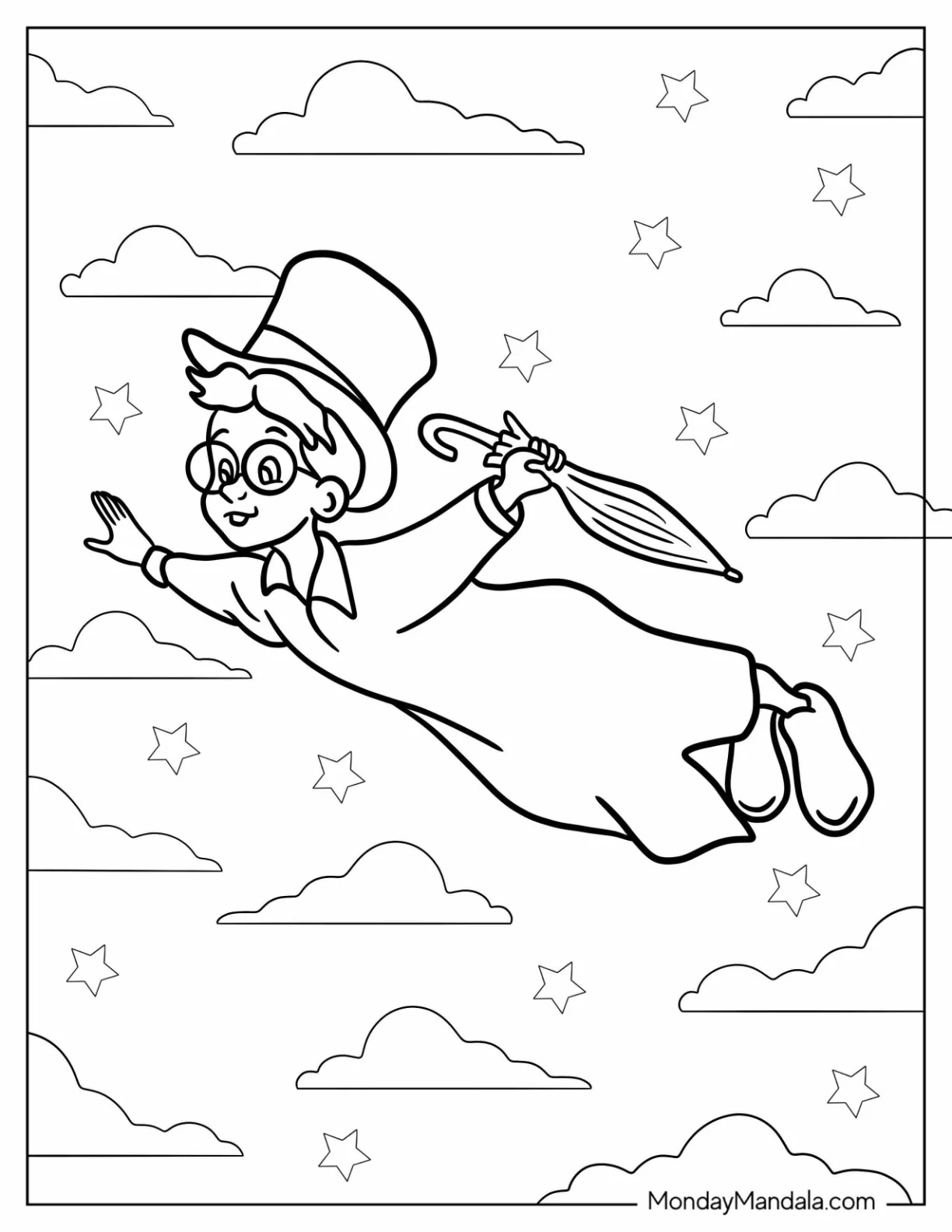 Flying John Darling with Top Hat and Umbrella from Peter Pan Coloring Page for Preschoolers coloring page