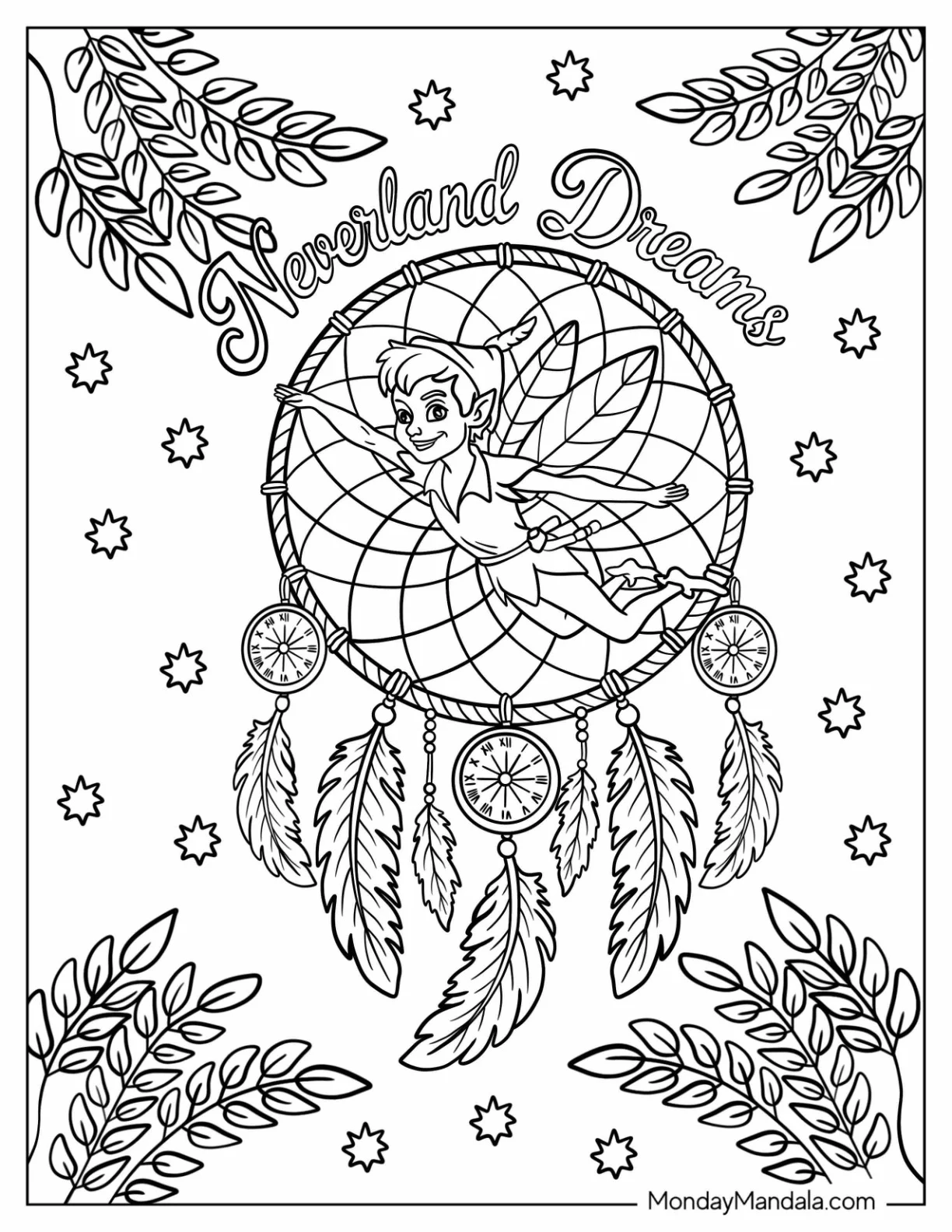 Neverland Dreams Text with Peter Pan Coloring Page Flying Through a Dreamcatcher coloring page