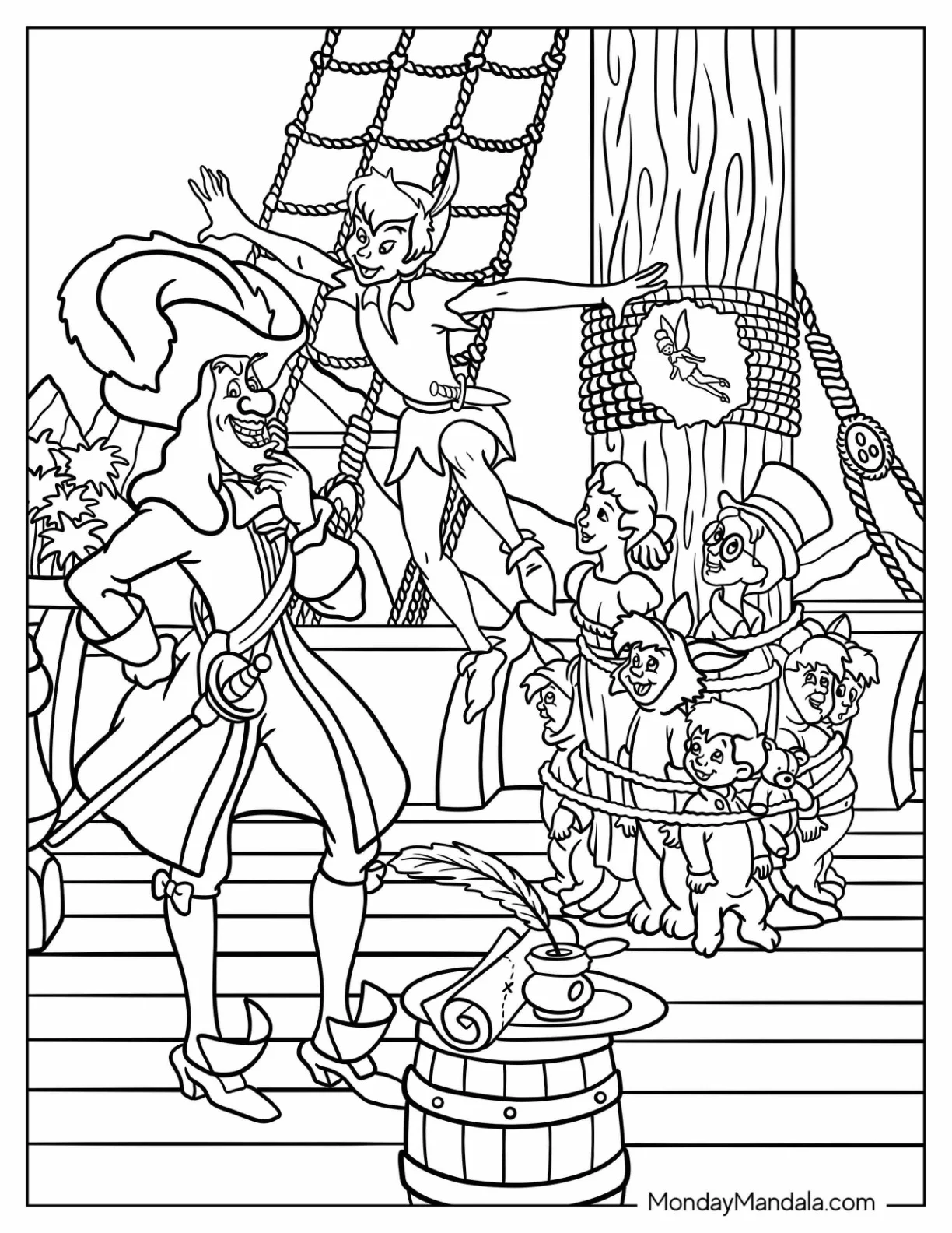 Peter Pan Coloring Page Confronts Captain Hook on the Pirate Ship While Lost Boys and Wendy are Tied Up coloring page