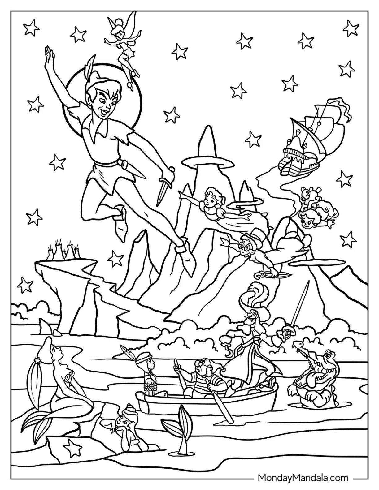 Peter Pan Coloring Page Flying Over Neverland with Tinker Bell and Friends coloring page — printable line art