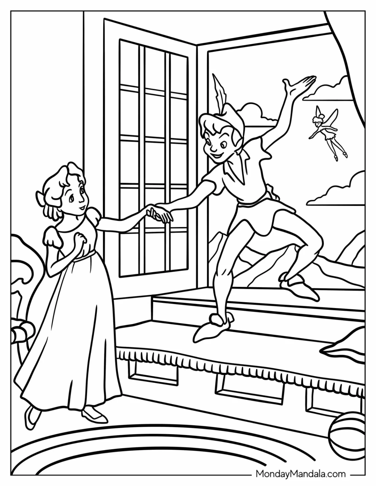 Peter Pan Coloring Page Inviting Wendy to Fly Out the Nursery Window coloring page — printable line art