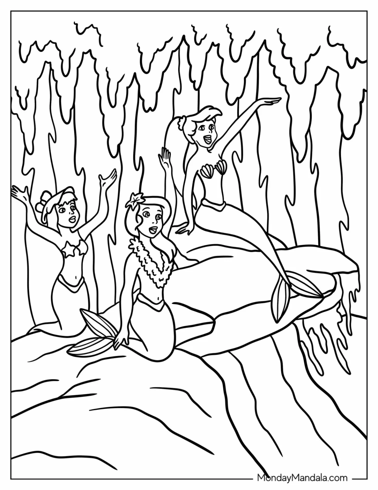 Peter Pan Coloring Page of Mermaid Friends in Enchanted Grotto coloring page — printable line art