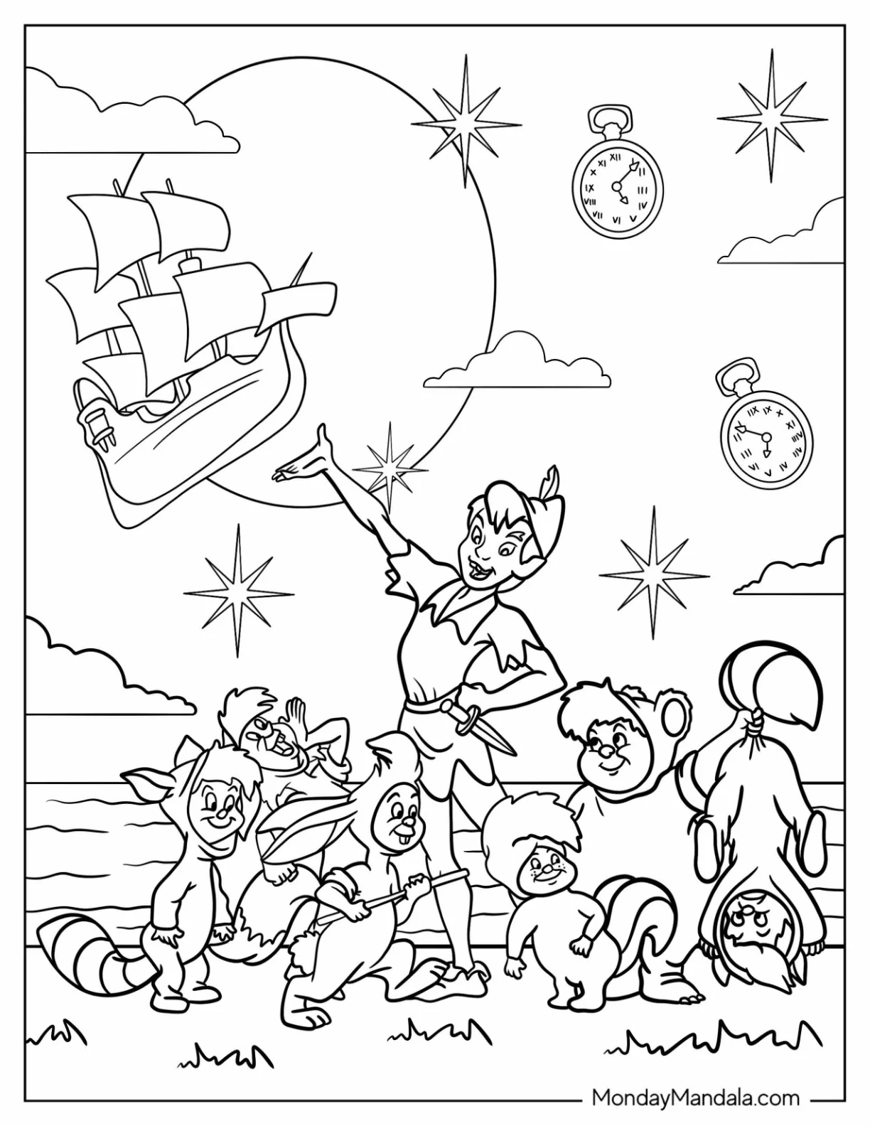 Peter Pan Coloring Page of the Lost Boys Watching the Flying Ship for Kids coloring page — printable line art