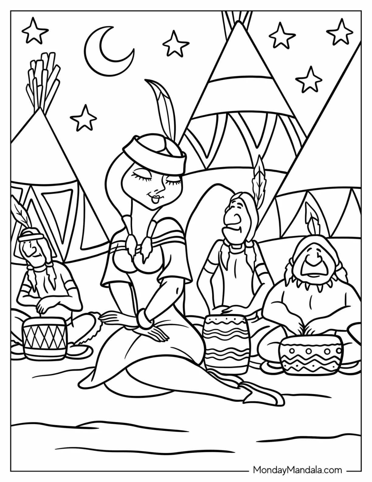 Peter Pan Coloring Page of Tiger Lily and Tribe around a Campfire in Neverland Coloring Page for Kids coloring page