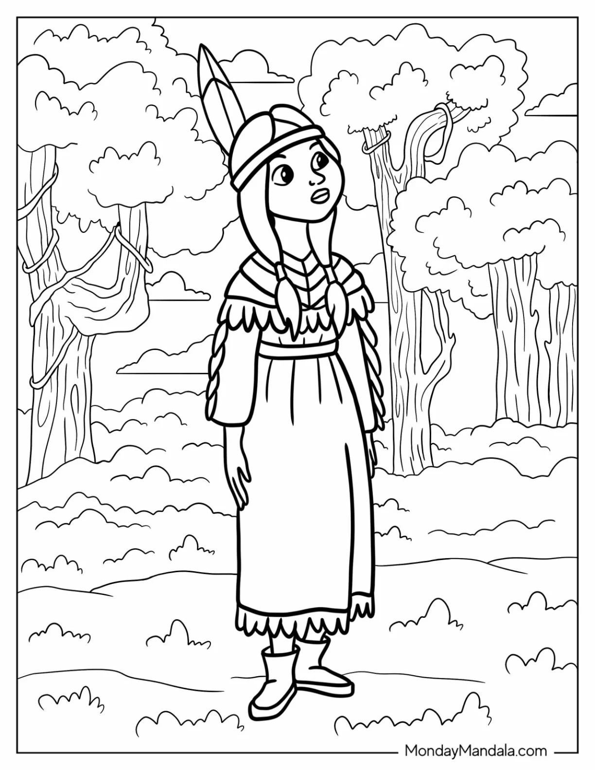 Peter Pan Coloring Page of Tiger Lily Surrounded by Trees and Clouds in Neverland Forest Coloring Page coloring page — printable line art