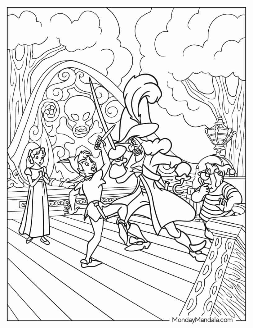 Peter Pan Fighting Captain Hook In Ship coloring page — printable line art