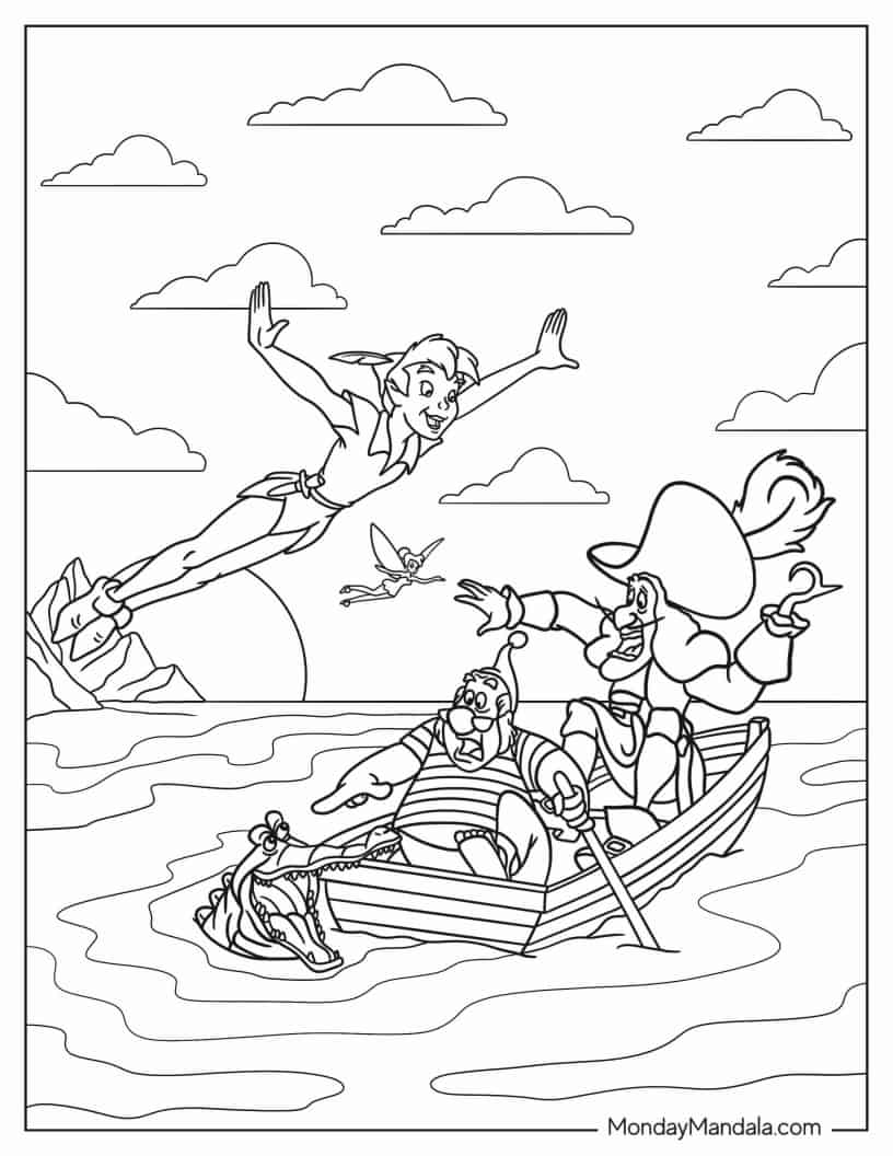 Peter Pan Flying Over Scared Captain Hook Coloring In coloring page